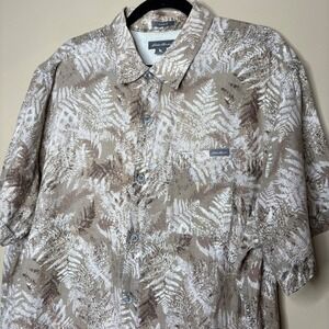 Eddie Bauer Mens 2XL Shirt Beige Fern Print Short Sleeve Classic Fit Linen Blend